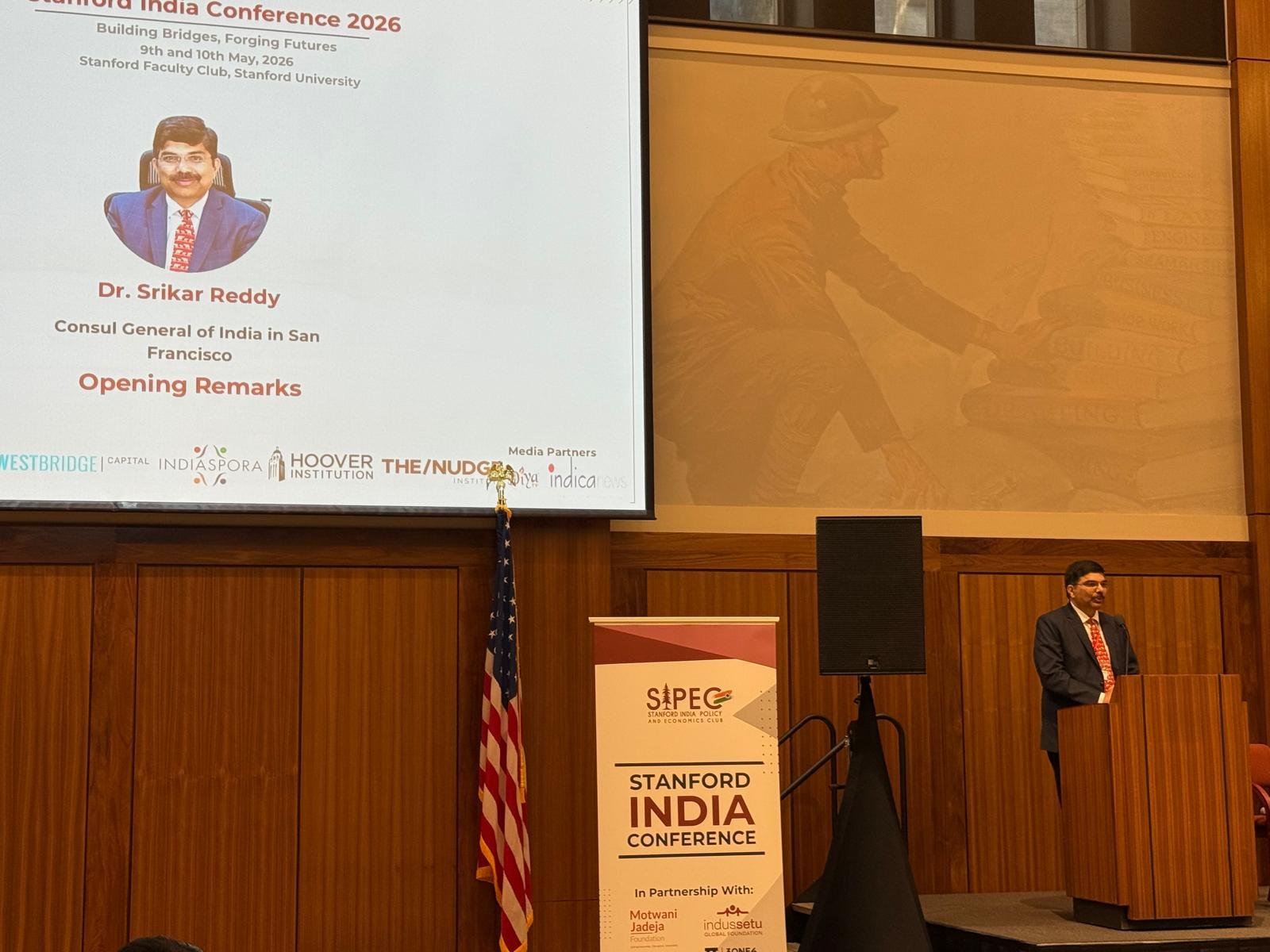 In his opening remarks at the Stanford India Conference 2026 – “India-US at the Crossroads” on May 10, Consul General Dr. K Srikar Reddy described the India-U.S. partnership as “one of the most consequential partnerships of the 21st century” at a time when the world is navigating AI disruption, geopolitical uncertainty, energy security challenges, and climate change.
