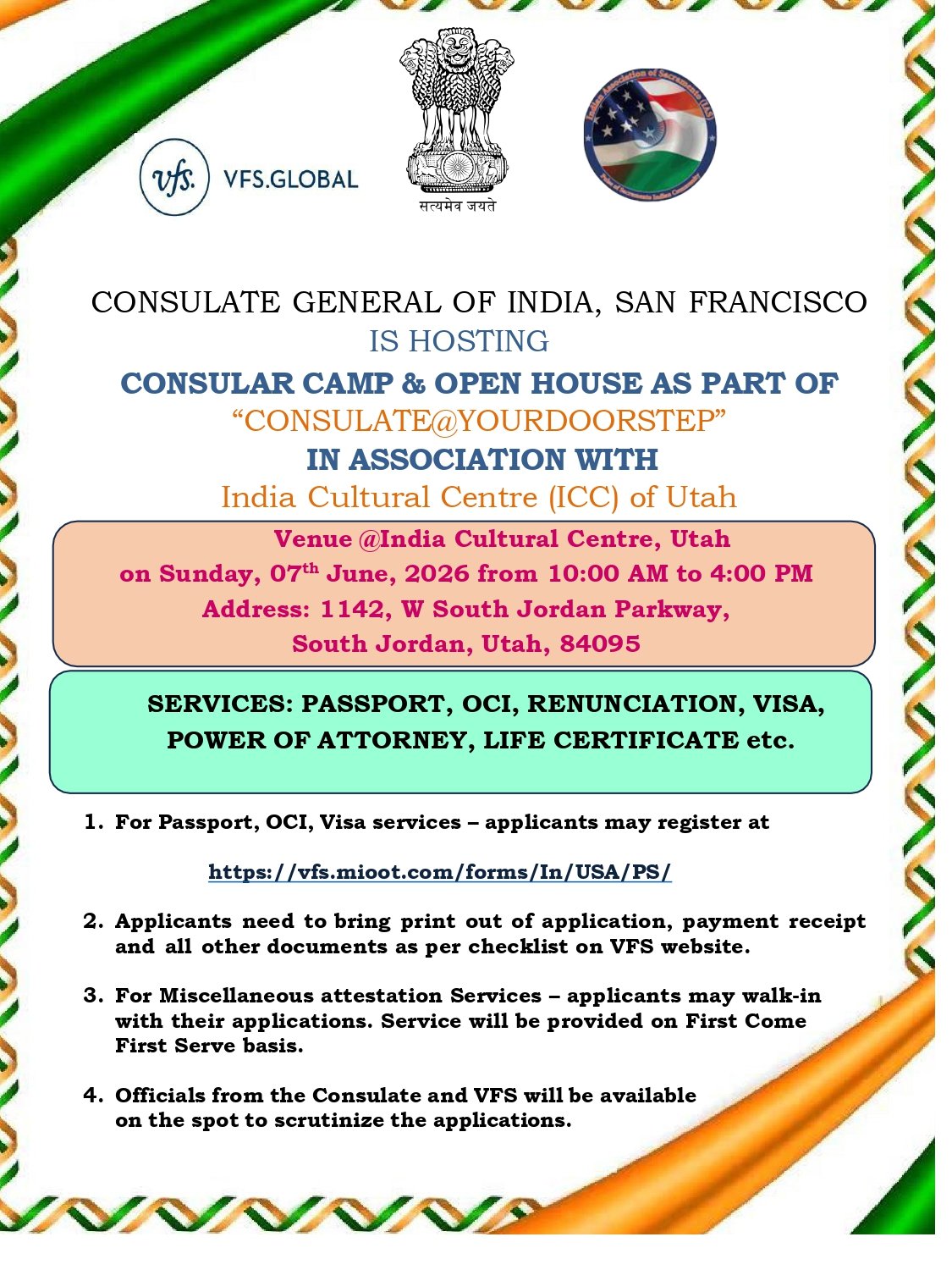 The Consulate General of India, San Francisco is hosting Consular Camp and Open House in South Jordan, Utah. on June 07, 2026