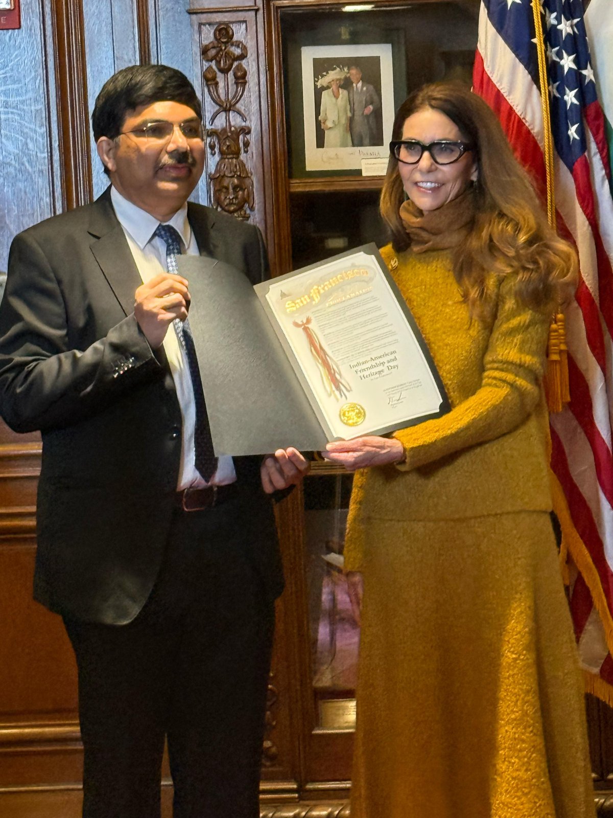 In a gesture honoring the Indian Diaspora and the people of India, the Office of the Mayor of San Francisco celebrated the 77th Republic Day of India at the iconic San Francisco City Hall this morning. Consul General Dr. K. Srikar Reddy, Chief of Protocol Ms. Penny Coulter, distinguished members of the Indian diaspora, and friends of India joined the ceremony, which was followed by a reception. During the event, Chief of Protocol Ms. Penny Coulter presented a proclamation to Consul General Dr. Reddy, officially recognizing January 26th as Indian-American Friendship and Heritage Day in San Francisco.