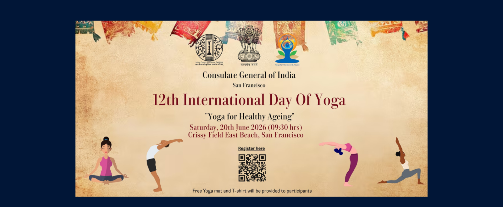 The Consulate General of India, San Francisco invites you to celebrate the 12th International Day of Yoga at Crissy Field East Beach, San Francisco on June 20, 2026, at 9:30 AM