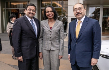 Consul General Mr. Sanjay Panda & Ambassador Mr. Harsh V Shringla with former US Secretary of State Ms. Condoleezza Rice at the US-India Strategic Partnership Forum India in USA 