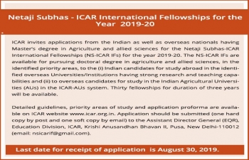 Inviting application for Netaji Subhas - ICAR International Fellowships for the Year 2019-20.