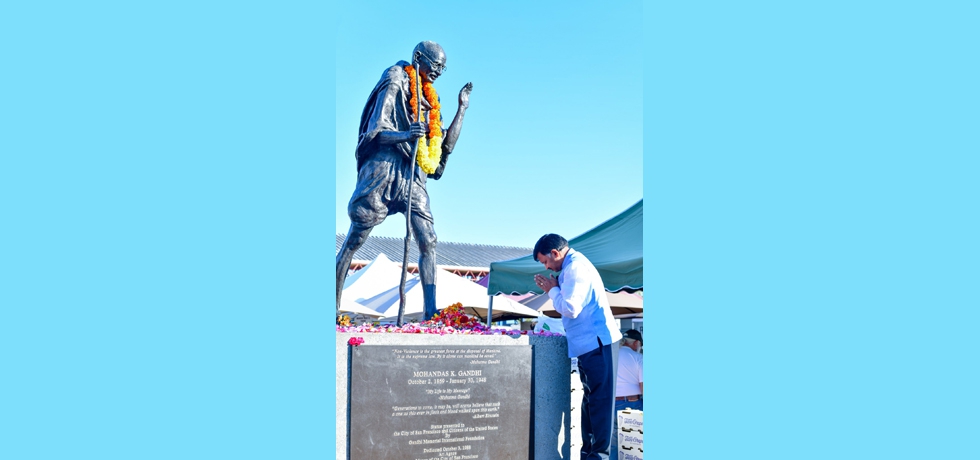 Floral tributes at Mahatma Gandhi Statue in San Francisco by Consul General Dr. T.V. Nagendra Prasad.