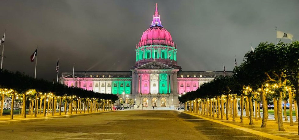 The iconic San Francisco City Hall lit in tri-colour as a special honour to commemorate the 75th Independence Day of India