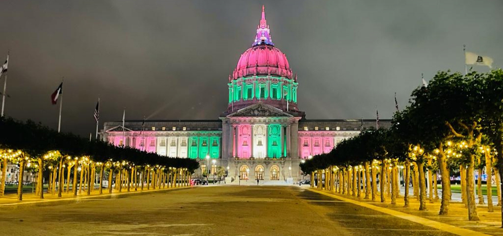 The iconic San Francisco City Hall lit in tri-colour as a special honour to commemorate the 75th Independence Day of India