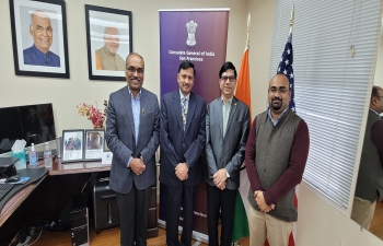 Mr. Anand Kuchibotla and Mr. Raju Chamarthi of Silicon Andra University met Consul General Dr. T.V. Nagendra Prasad in his office. They discuss the ways to promote New Education Policy and Amrit Mahotsav celebration in Bay Area and beyond. He appreciated their initiatives to popularise Indian music, dance and languages. #AmritMahotsav
