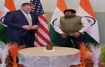 A stolen ancient Indian artefact of Buddha in Dharma Chakra Mudra was handed over to the Consul General Dr. T.V. Nagendra Prasad by U.S. Department of Justice and Department of Homeland Security representatives.