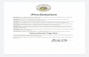 International Day of Yoga proclaimed in Hawaii by Governor David Y. Ige.  #InternationalDayofYoga  @MEAIndia  #YogaForHumanity  @iccr_hq  @moayush