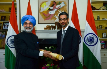 The Chairman and CEO of Google & Alphabet Inc.,  Mr. Sundar Pichai was conferred ‘Padma Bhushan’ Award by the Governement of India this year. As he couldn’t travel to receive the same in person in India, which is deemed to have been presented by Hon’ble Rashtrapati ji, he accepted the award from Ambassador Taranjit Singh Sandhu at a reception held by Dr. TV Nagendra Prasad, Consul General of India in San Francisco. Mr. Sundar’s inspirational journey from #Madurai to Mountain View, strengthening India – US economic & tech. ties, reaffirms Indian talent’s contribution to global innovation & entrepreneurship.