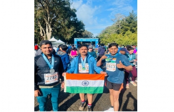 Consul General Dr. T.V. Nagendra Prasad Congratulated team @CGISFO Mr. Vivek, Mr. Babu Rao and Mr. Kishore Jha on their participation and successful completion of Kaiser Permanente Half Marathon 2023 in San Francisco.