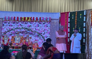 Consul General Dr. T.V. Nagendra Prasad joined the @sriramanavami celebrations of Sri Surabhi Go Ksetra at ICC #Milpitas. Consul General appreciated Shri Krishna Purushottama Dasa and his team for organizing Sri Rama Kalyanam in traditional way. In his remarks Consul General said he got his childhood memories back of listening to live commentary os Sri Rama Kalyanam on All India Radio from Bhadrachalam in Telangana on the auspicious day of Rama Navami. Also, he applauded the wonderful commentary by Shri Sree Iyer @pgurus1 in English which enriched the occasion.