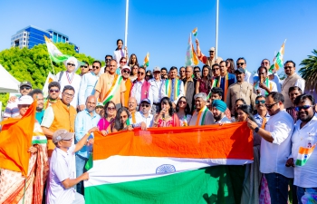 Consul General Dr. T.V. Nagendra Prasad raised the Indian national Flag at 'Swades' #IndependenceDay2023 celebrations #HarGharTiranga as a part of Azadi Ka Amrit Mahotsav by the Association of Indo Americans (AIA) in the presence of Assembly Member Mr. Ash Kalra, San Jose Mayor Matt Mahan, Fremont Mayor Lily Mei, Santa Clara Mayor Lisa Gillmor, Milpitas Mayor Carmen Montana and Council Members Raj Chahal, Raj Salwan and Mr. Ajay Jain @ajainb and others. The event was attended by large community & beautiful cultural show presentations was held throughout the day. Consul General conveyed the #PanchPranPledge.