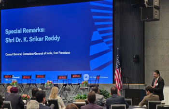 Hon'ble Minister of IT,  Government of Maharashtra Shri Ashish Shelar @ShelarAshish delivered the keynote address at @USIBC LA Waves Summit held at @netflix HQ on July 30, 2025. He invited the US entertainment industry to invest in Maharashtra.    Consul General, Dr. Srikar Reddy, also delivered a special address at event, highlighting the multifaceted relationship between California and India, including the significant potential for collaboration in the media and entertainment sector.